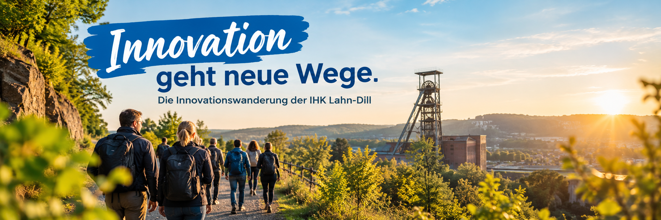 wandernde Menschen, Fördertürme, Industrie