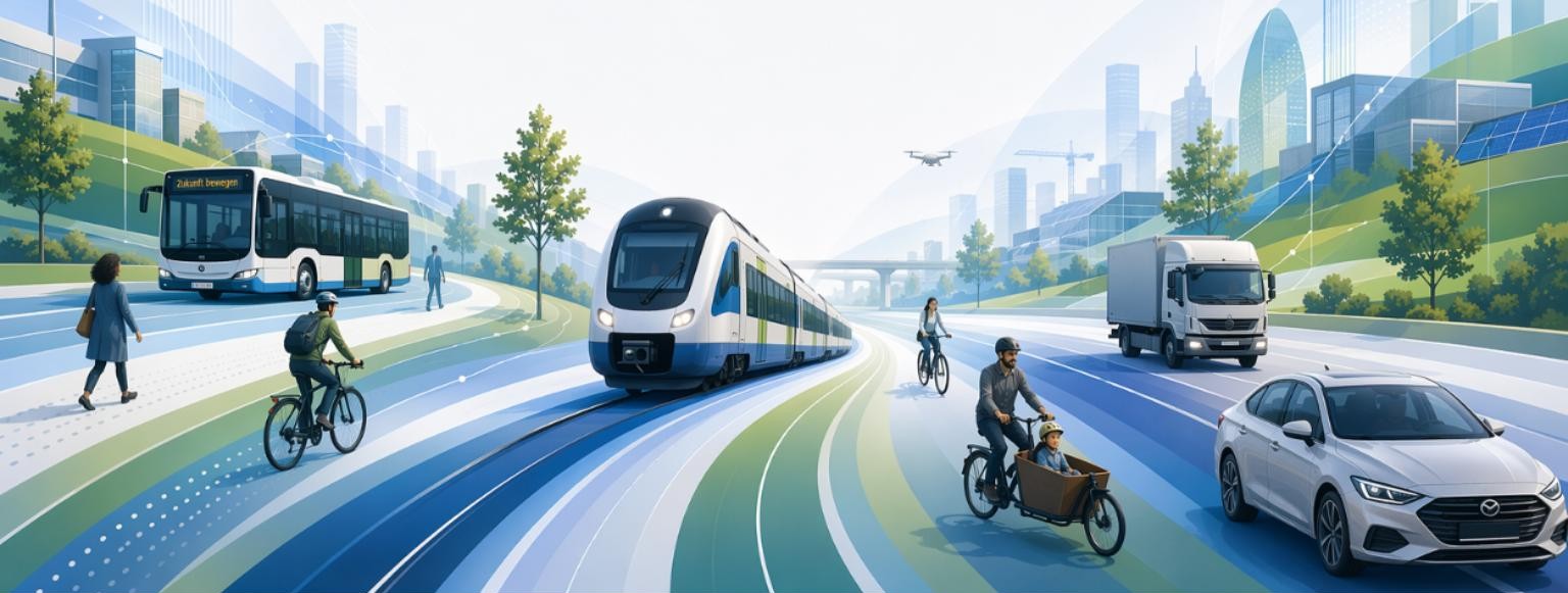 Moderne, reduzierte Illustration einer urbanen Mobilitätslandschaft: Ein Regionalzug im Zentrum, begleitet von Bus, Auto, kleinem LKW, Fahrrädern und einem Lastenrad mit Kind. Einzelne schemenhafte Personen sind integriert. Abstrakte Gebäude und Linien deuten eine vernetzte Wirtschaftsregion an.