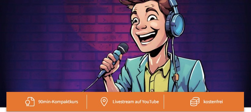 Illustration einer comicartigen Person mit Kopfhörern, die ein Mikrofon vor einer violett beleuchteten Backsteinwand hält