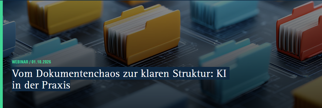 Mehrere farbige Aktenordner auf einer digitalen Oberfläche; eingeblendet ist die Ankündigung eines Webinars zum Thema Dokumentenmanagement mit KI am 01.10.2026.