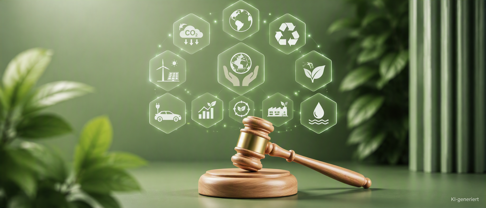 Illustration eines Richterhammers aus hellem Holz vor schwebenden Symbolen zu Klimaschutz, Kreislaufwirtschaft, Energie, Mobilität und Ressourceneffizienz. Das Bild steht für Nachhaltigkeit, Umweltrecht und ESG-Regulierung.