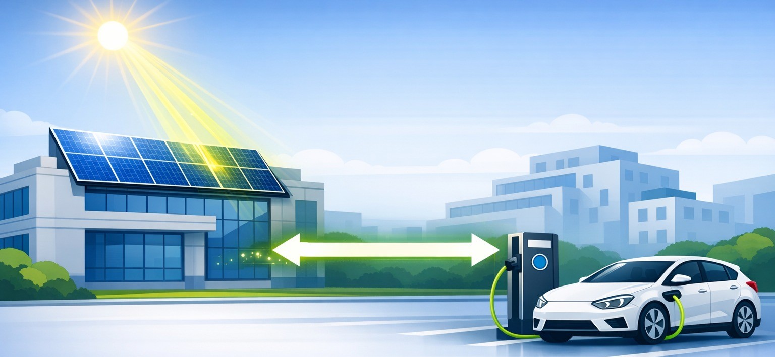 Illustration eines Unternehmensgebäudes mit Photovoltaikanlage auf dem Dach. Sonnenlicht scheint auf die Solarmodule. Ein Elektroauto ist an einer Wallbox angeschlossen; ein Doppelpfeil zwischen Gebäude und Auto symbolisiert den bidirektionalen Stromfluss zwischen PV-Anlage und E‑Fahrzeug. Cleanes, technisches Design in Blau‑ und Grüntönen.