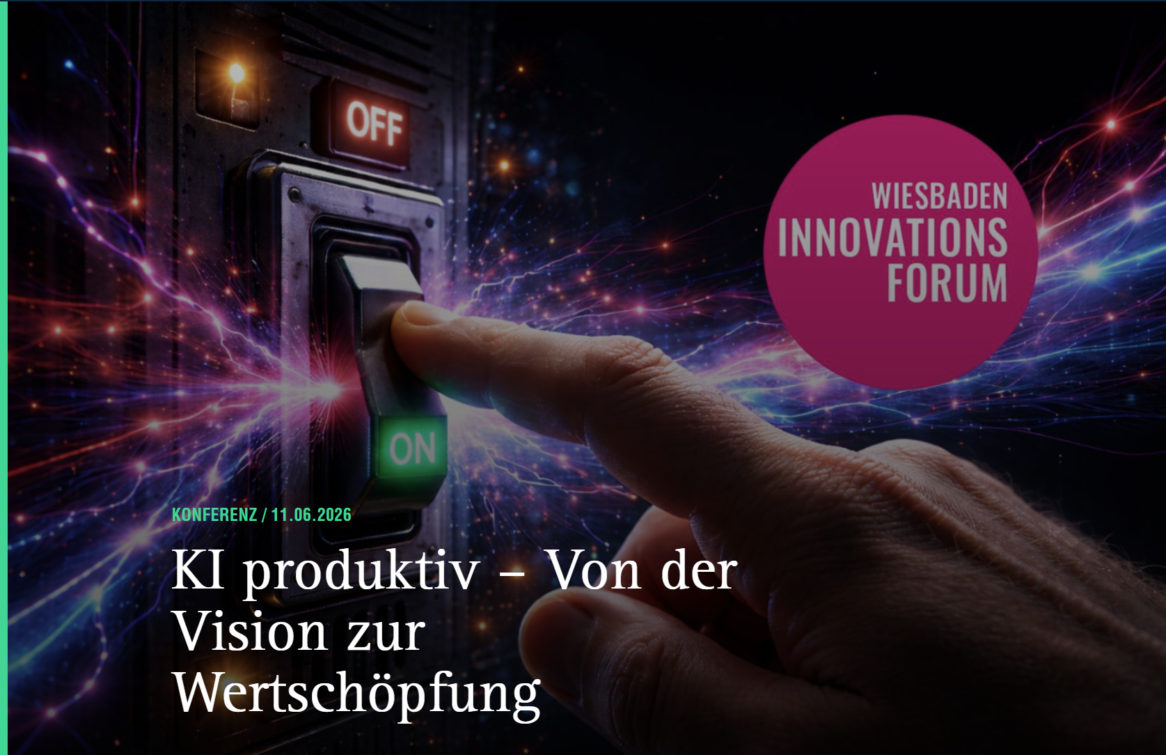 Universum im Hintergrund mit schwebendem Schalter der von einem Finger betätigt wird