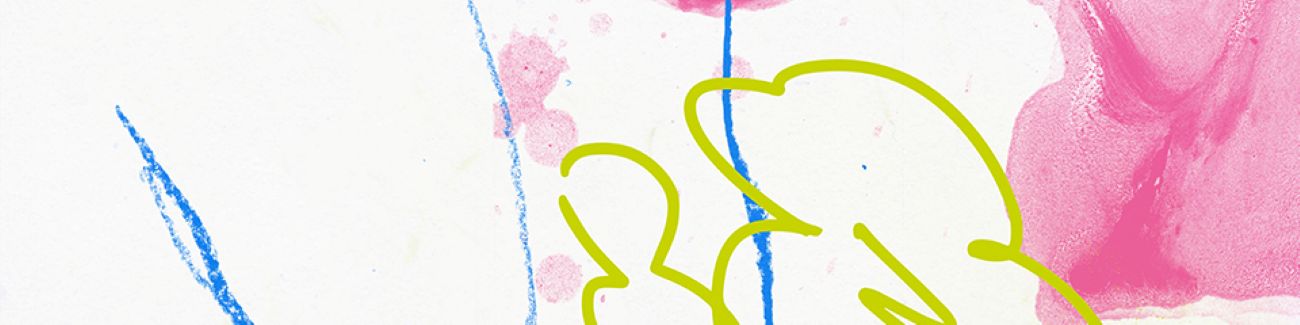 Abstrakte Grafik mit weißem Hintergrund, blauen handgezeichneten Linien, rosa Farbflächen und einer gelbgrünen konturenartigen Zeichnung. Das Motiv wirkt künstlerisch und skizzenhaft.