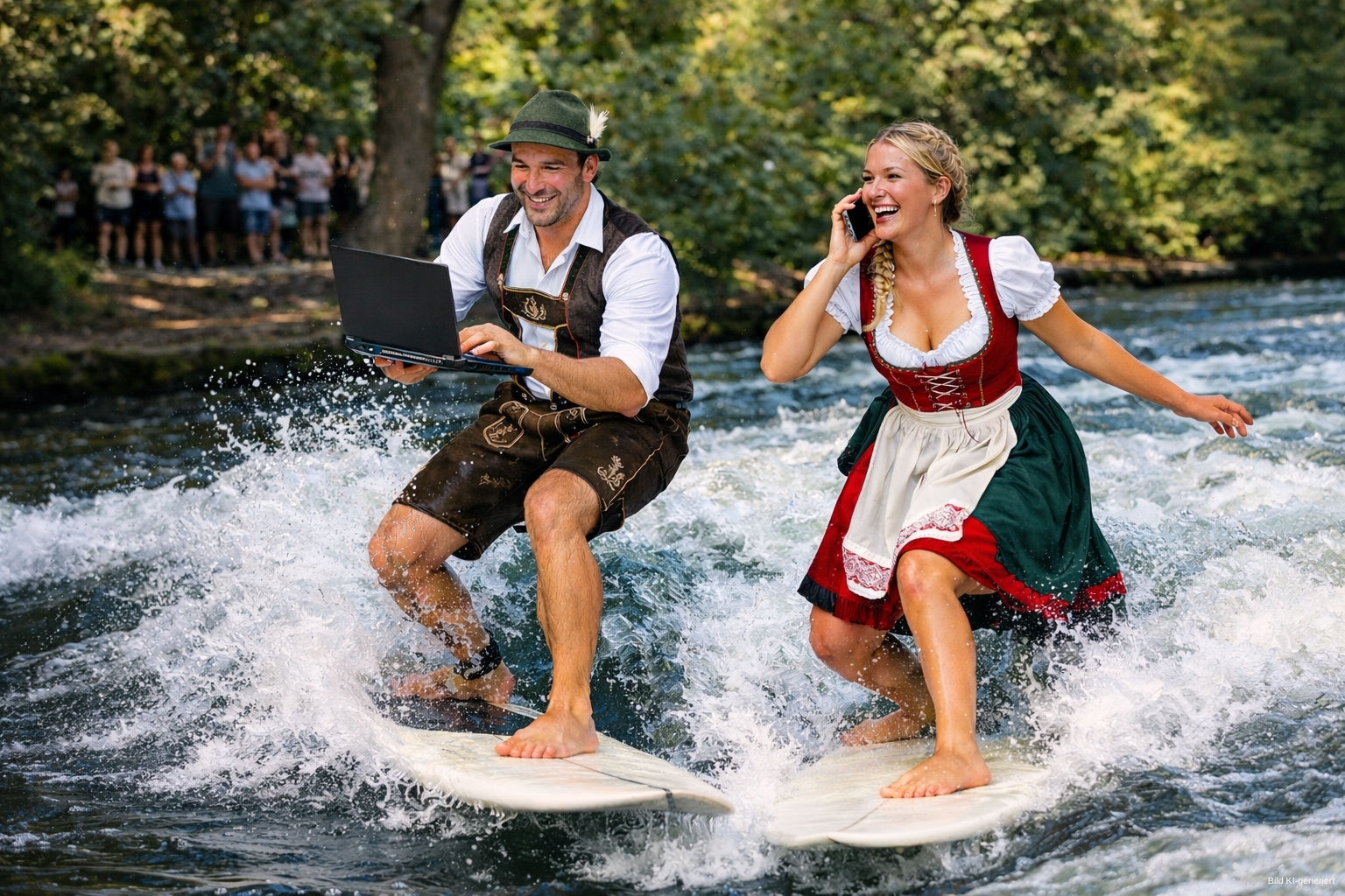 Mit ChatGPT generiertes Bild mit einem Mann und einer Frau in bayrischer Tracht auf Surfbrettern mit Laptops in der Hand auf der Eisbachwelle in München