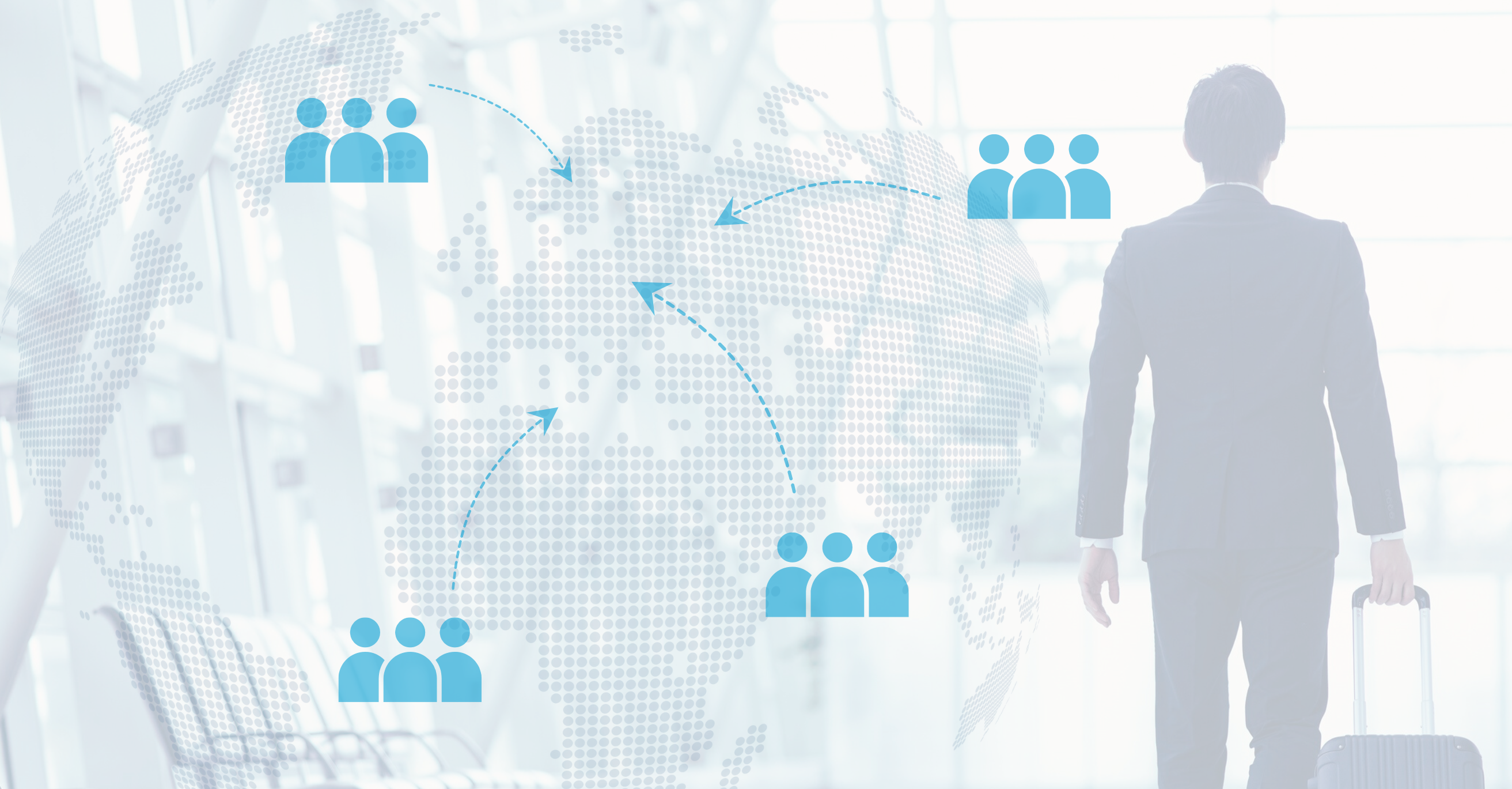 Business-Reisender am Flughafen mit Weltkarte im Vordergrund