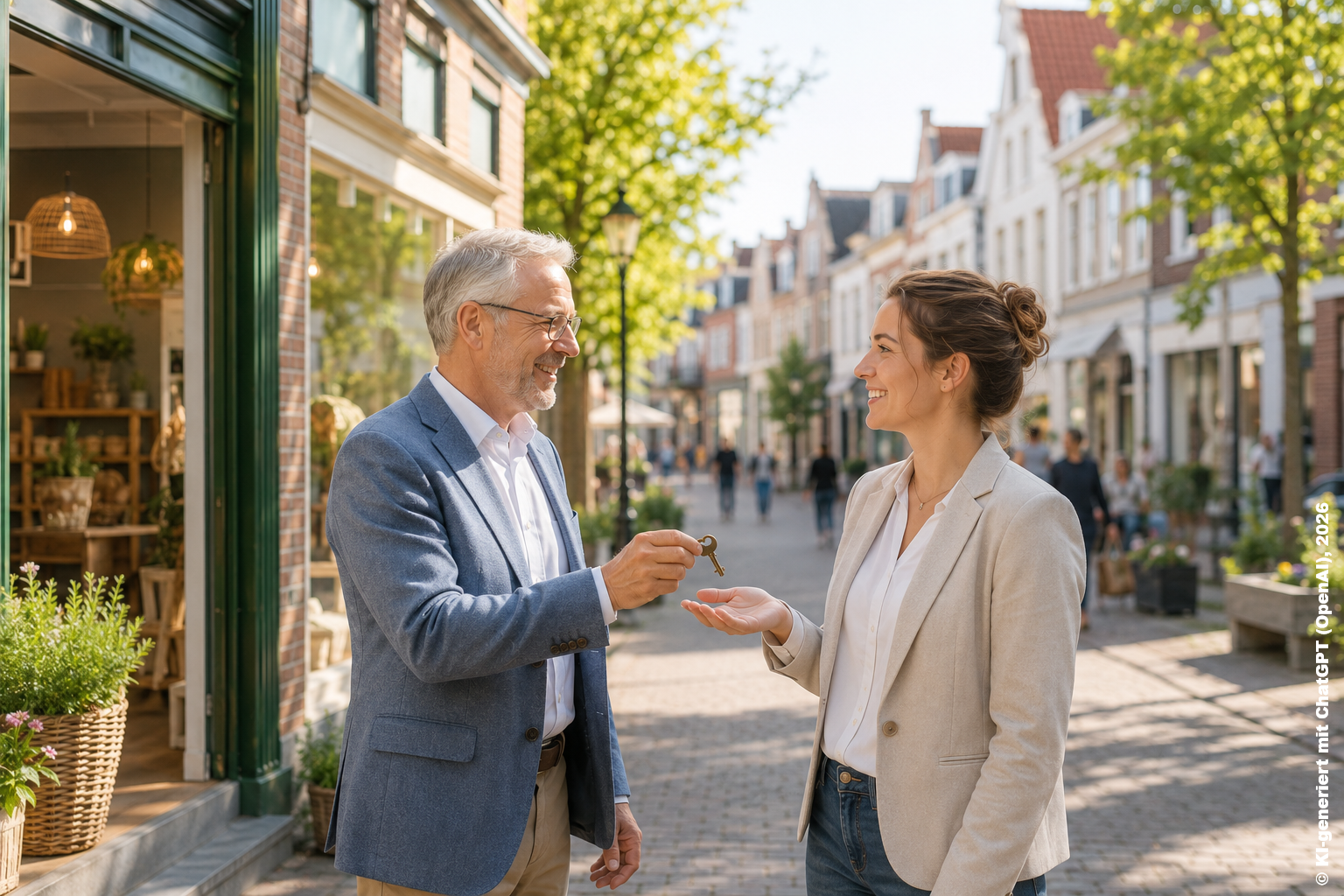 Schlüsselübergabe vor einem Ladenlokal in der Innenstadt.