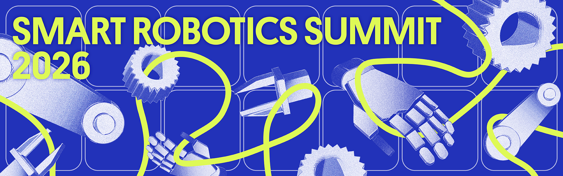 Keyvisual des Smart Robotics Summit mit technischen Bauteilen, die durch eine neongelbe Linie verbunden werden