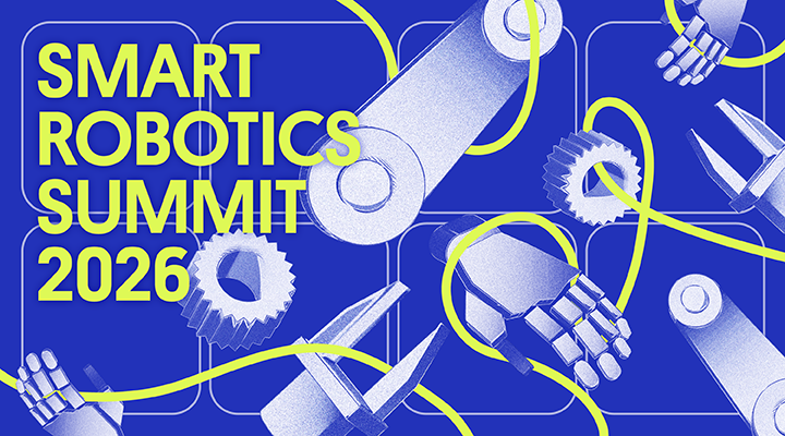 Keyvisual des Smart Robotics Summit mit technischen Bauteilen, die durch eine neongelbe Linie verbunden werden